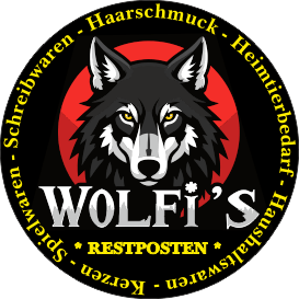 Restposten Logo von Wolfi's mit einem Wolfskopf vor rotem Hintergrund und schwarzen Schriftzügen.